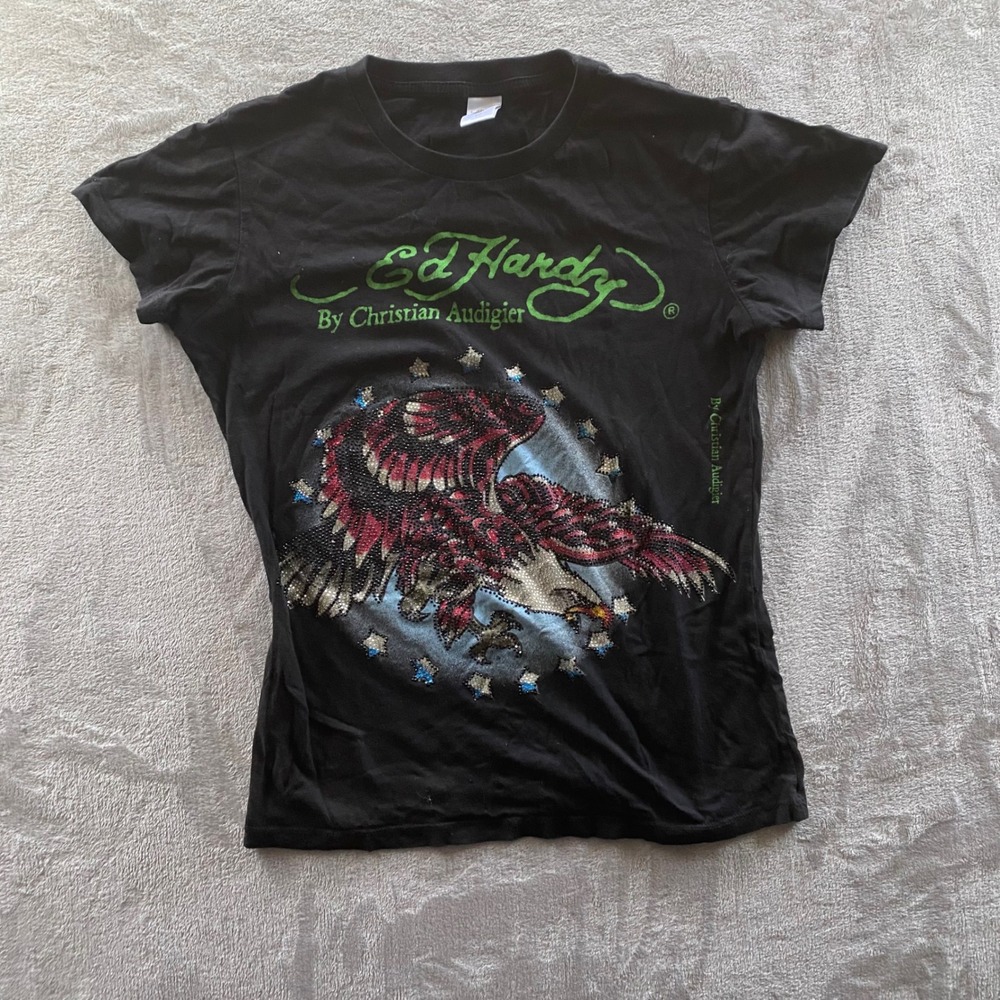 Ed Hardy Christian Audigier Rhinestone Eagle Graphic T-Shirt Black XL Y2K